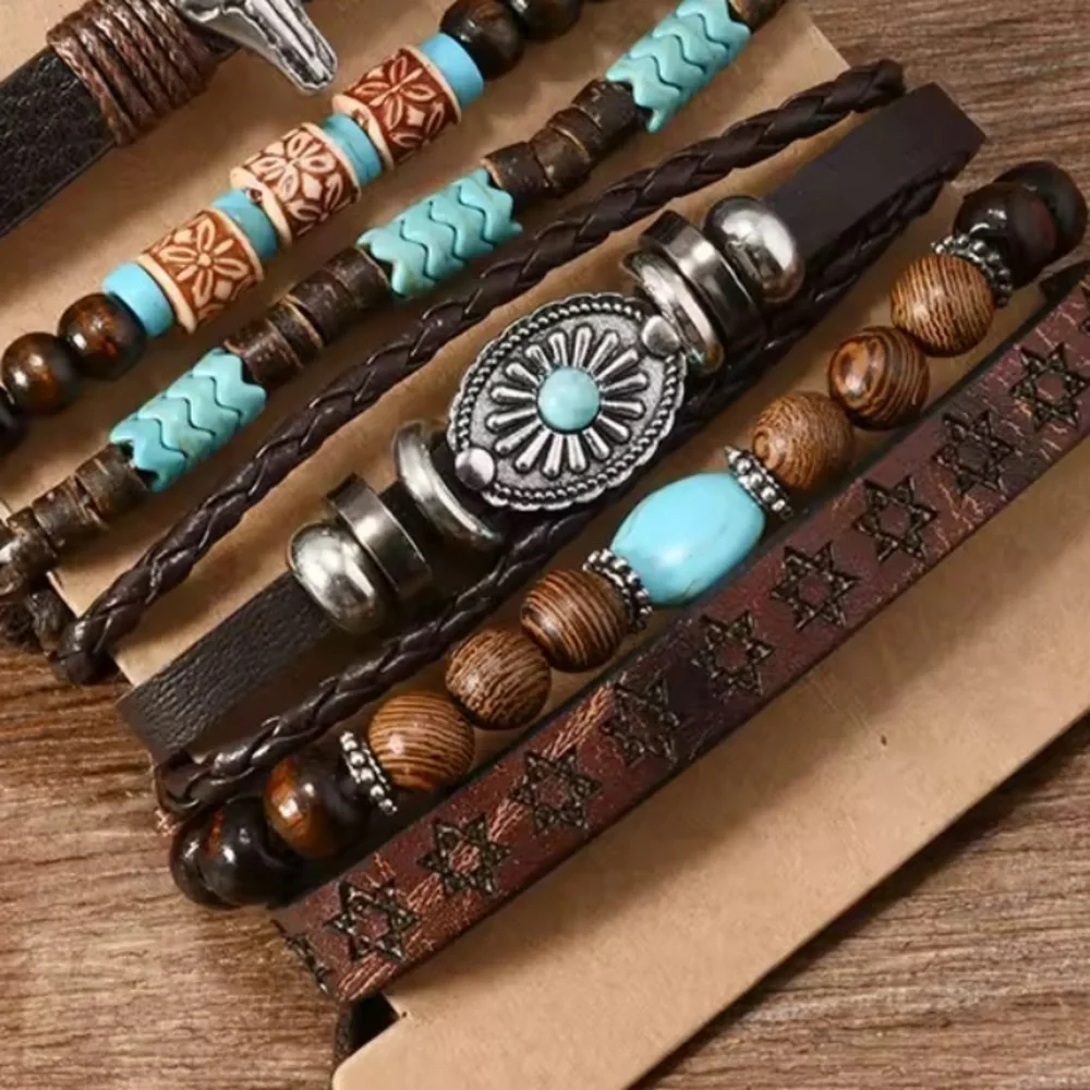 Western Men's Brown and Turquoise  leather 6x bracelet set